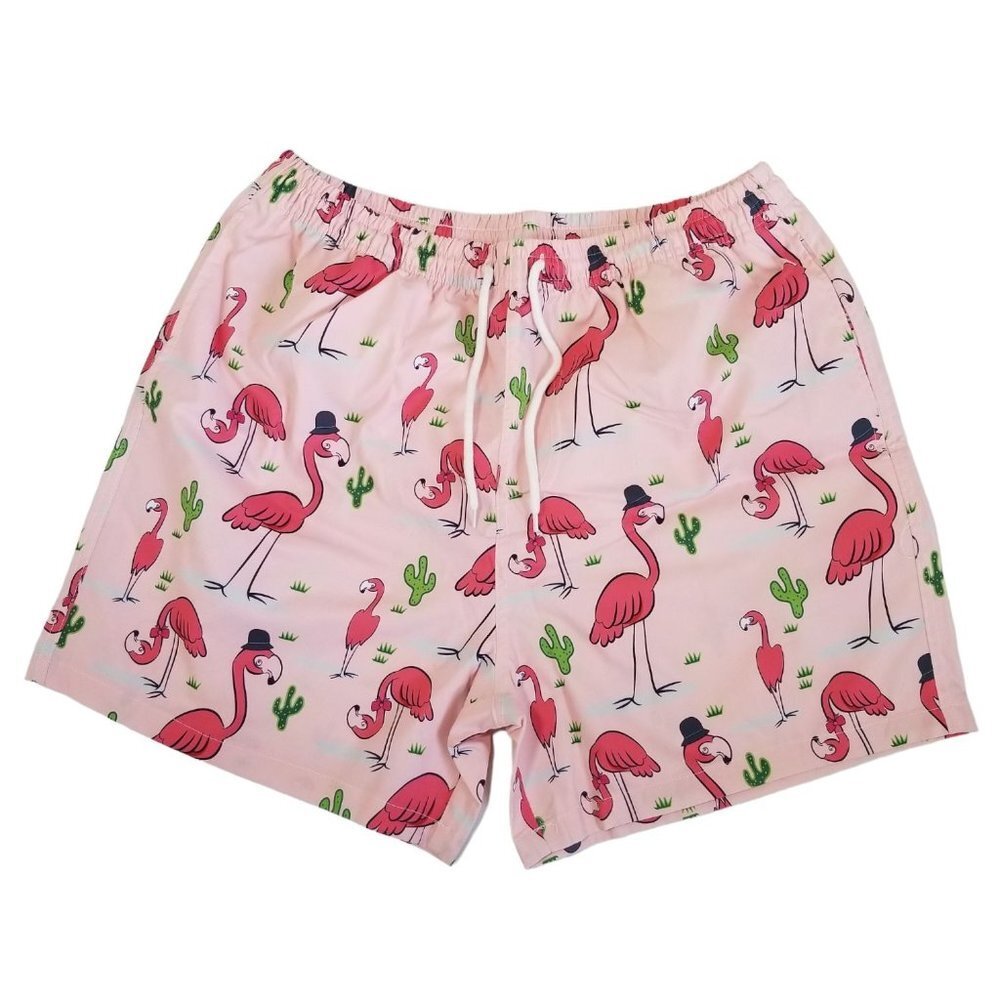 NEW SHEIN Men‎ Flamingo Print Drawstring Waist Swim Trunks SIze L Color Pink